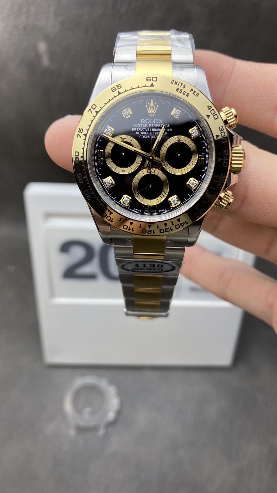 Victory Factory Daytona 116503 904L Stainles Steel Case Yellow Gold Tachymeter Bezel Two Tone Bracelet Black Dial Diamonds Markers SA4130 Clean Factory Daytona 116503 904L Stainles Steel Case Yellow Gold Tachymeter Bezel Two Tone Bracelet Black Dial Diamonds Markers SA4130