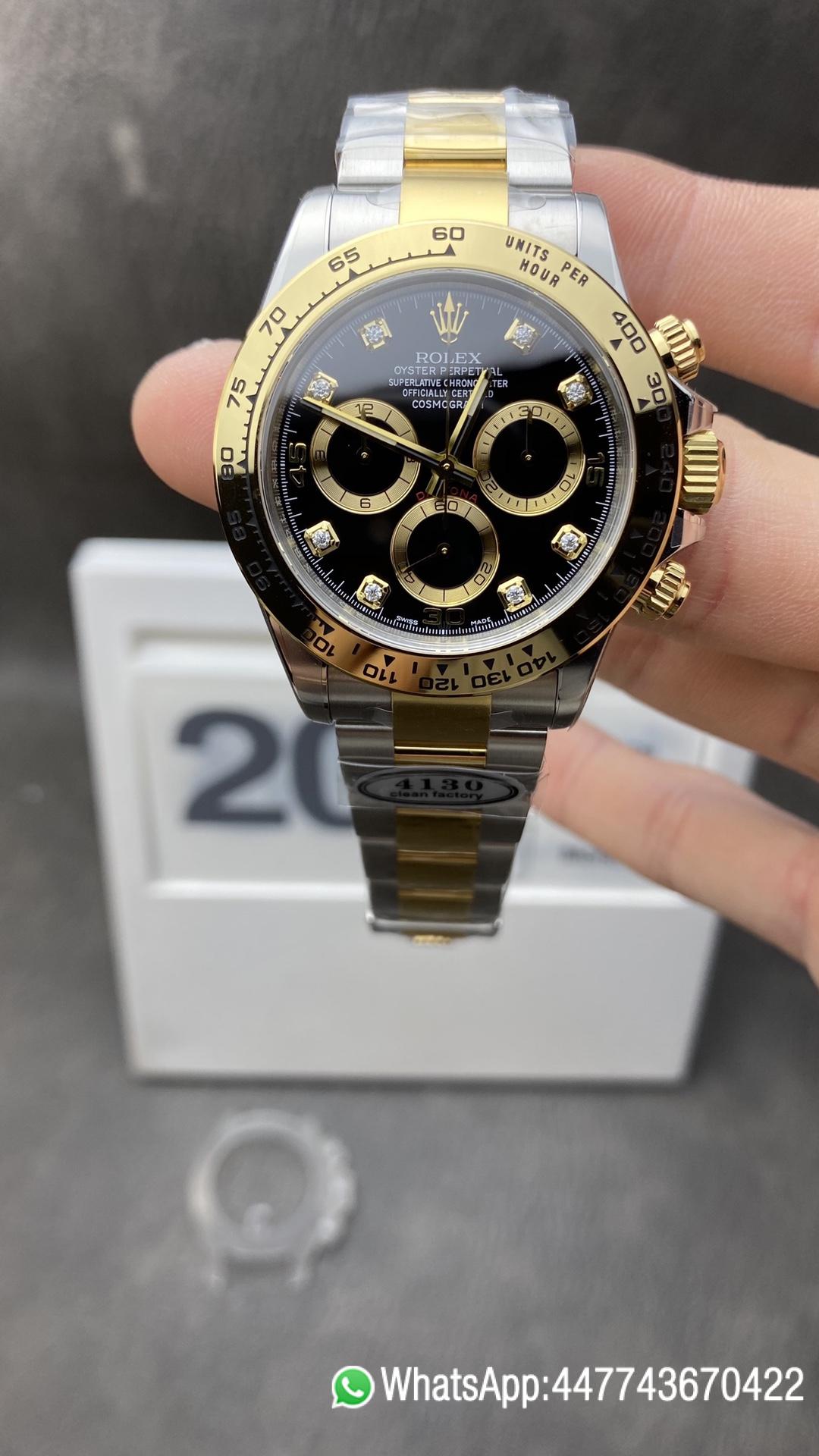 Super Clone Daytona 116503 904L Stainles Steel Case Yellow Gold Tachymeter Bezel Two Tone Bracelet Black Dial Diamonds Markers SA4130 Clean Factory Daytona 116503 904L Stainles Steel Case Yellow Gold Tachymeter Bezel Two Tone Bracelet Black Dial Diamonds Markers SA4130