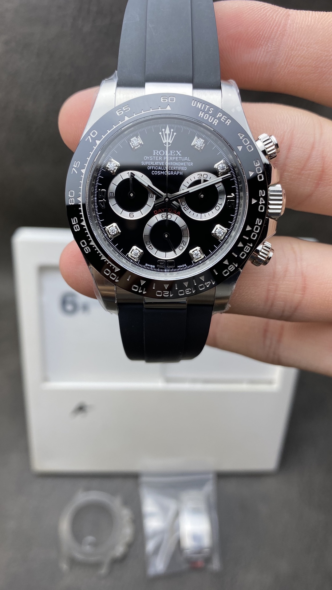 Victory Factory Daytoan 116519LN Black Diamond Set Dial Super Clone Swiss 4130 Movement Black Rubber Strap Clean Factory Daytoan 116519LN Black Diamond Set Dial Super Clone Swiss 4130 Movement Black Rubber Strap