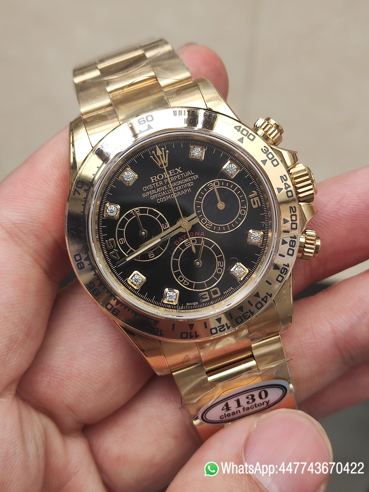 Clena Factory Rolex Daytona 116508 Yellow Gold Case Bracelet DD4130 Movement Black Dial Diamond Markers 02 Clena Factory Rolex Daytona 116508 Yellow Gold Case Bracelet DD4130 Movement Black Dial Diamond Markers 02