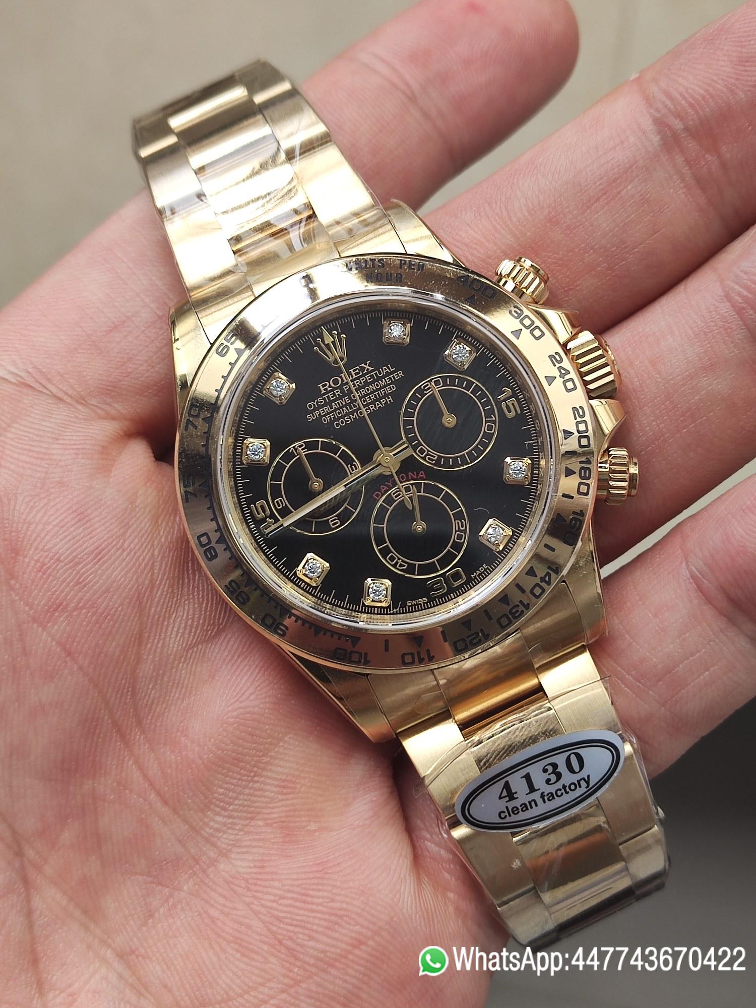 Clena Factory Rolex Daytona 116508 Yellow Gold Case Bracelet DD4130 Movement Black Dial Diamond Markers 04 Clena Factory Rolex Daytona 116508 Yellow Gold Case Bracelet DD4130 Movement Black Dial Diamond Markers 04