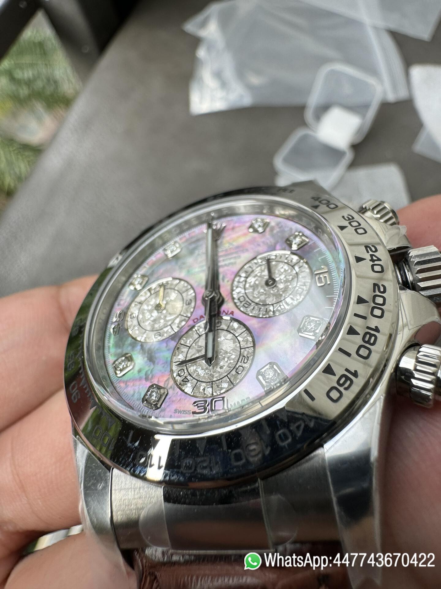 Super Clone Daytona 116519 Tahitian MOP Dial with Diamonds Markers DD 4130 Movement Alligator Leather Strap 04 Super Clone Daytona 116519 Tahitian MOP Dial with Diamonds Markers DD 4130 Movement Alligator Leather Strap 04