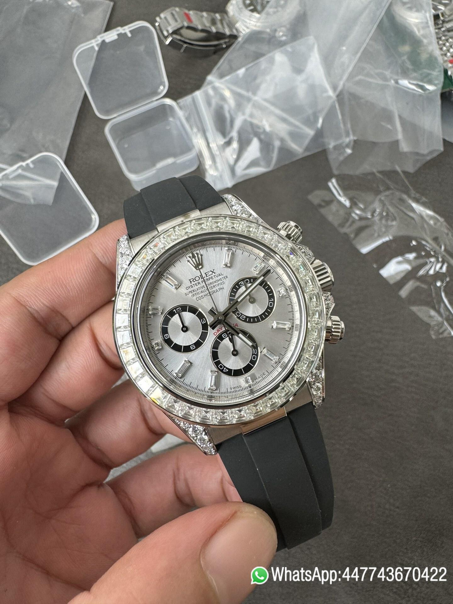 Super Clone Rolex Daytona 126539TBR Diamonds Bezel Silver Dial with Diamonds Markers ShangHai 4131 Caliber 02 Super Clone Rolex Daytona 126539TBR Diamonds Bezel Silver Dial with Diamonds Markers ShangHai 4131 Caliber 02