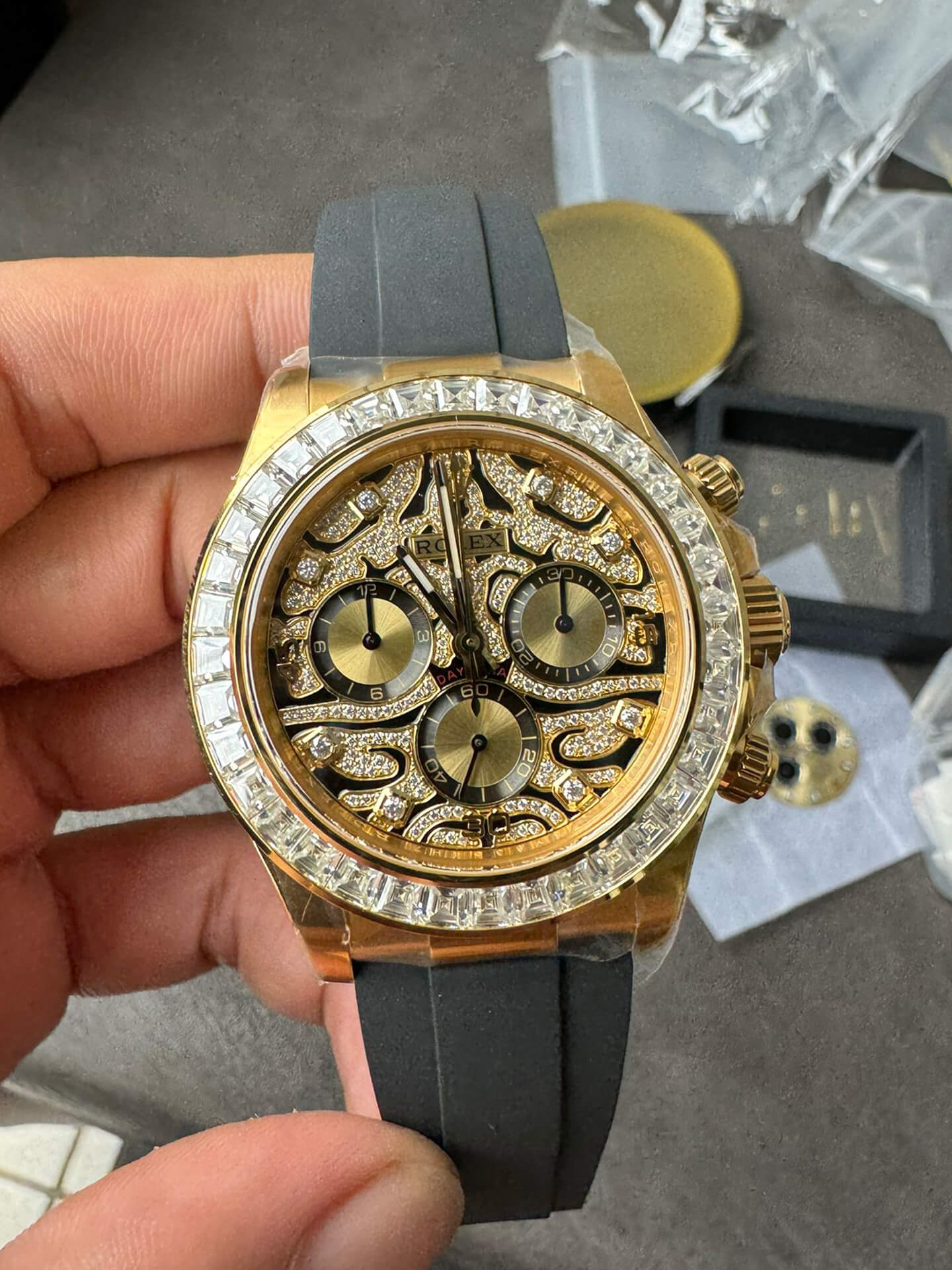 Victory Factory Rolex Daytona Eye Of The Tiger 116588TBR Wrapped 18K Yellow Gold Diamonds Dial Bezel DD4130 Movement 000 Clean Factory Rolex Daytona Eye Of The Tiger 116588TBR Wrapped 18K Yellow Gold Diamonds Dial Bezel DD4130 Movement 000