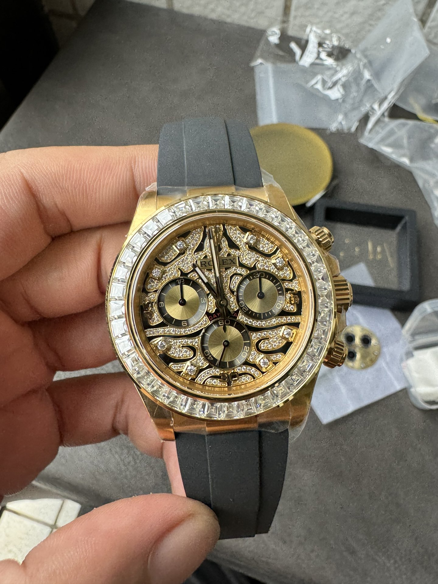 Victory Factory Rolex Daytona Eye Of The Tiger 116588TBR Wrapped 18K Yellow Gold Diamonds Dial Bezel DD4130 Movement 02 Clean Factory Rolex Daytona Eye Of The Tiger 116588TBR Wrapped 18K Yellow Gold Diamonds Dial Bezel DD4130 Movement 02