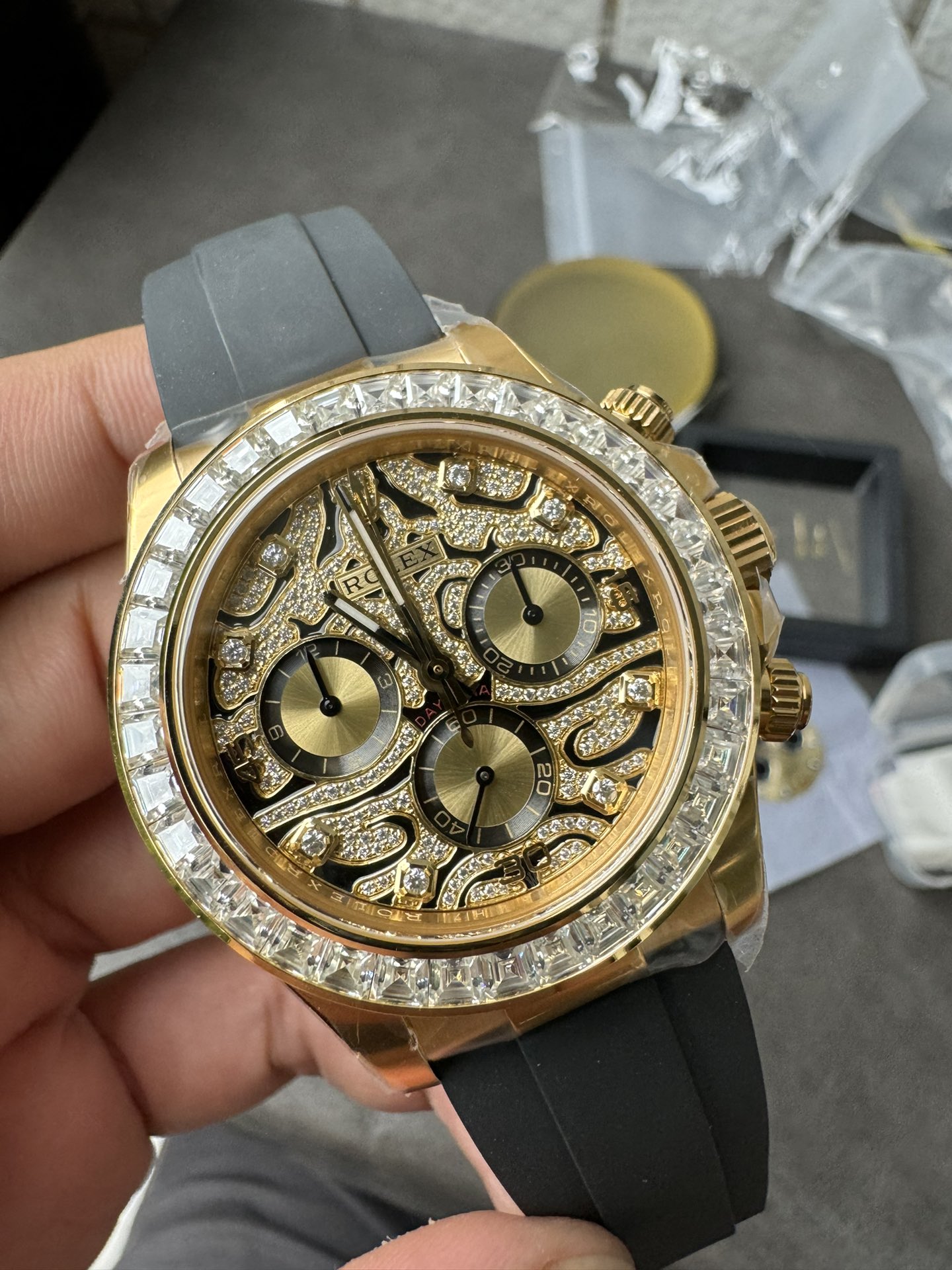 Victory Factory Rolex Daytona Eye Of The Tiger 116588TBR Wrapped 18K Yellow Gold Diamonds Dial Bezel DD4130 Movement 03 Clean Factory Rolex Daytona Eye Of The Tiger 116588TBR Wrapped 18K Yellow Gold Diamonds Dial Bezel DD4130 Movement 03
