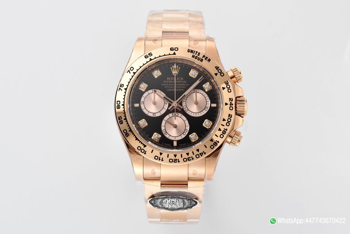 Super Clone Daytona 126505 Rose Gold Case Bracelet Bright Black and Sundust Set with Diamonds Dial SH4131 Movement 01 Super Clone Daytona 126505 Rose Gold Case Bracelet Bright Black and Sundust Set with Diamonds Dial SH4131 Movement 01
