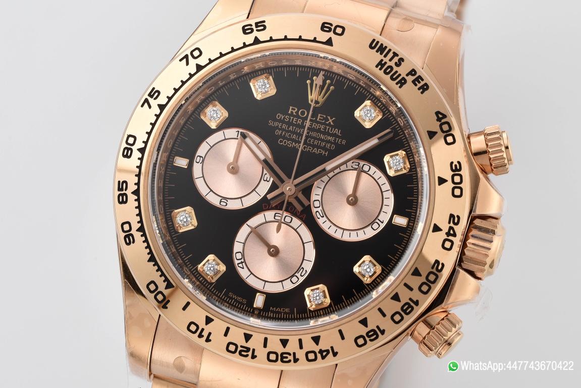 Super Clone Daytona 126505 Rose Gold Case Bracelet Bright Black and Sundust Set with Diamonds Dial SH4131 Movement 02 Super Clone Daytona 126505 Rose Gold Case Bracelet Bright Black and Sundust Set with Diamonds Dial SH4131 Movement 02