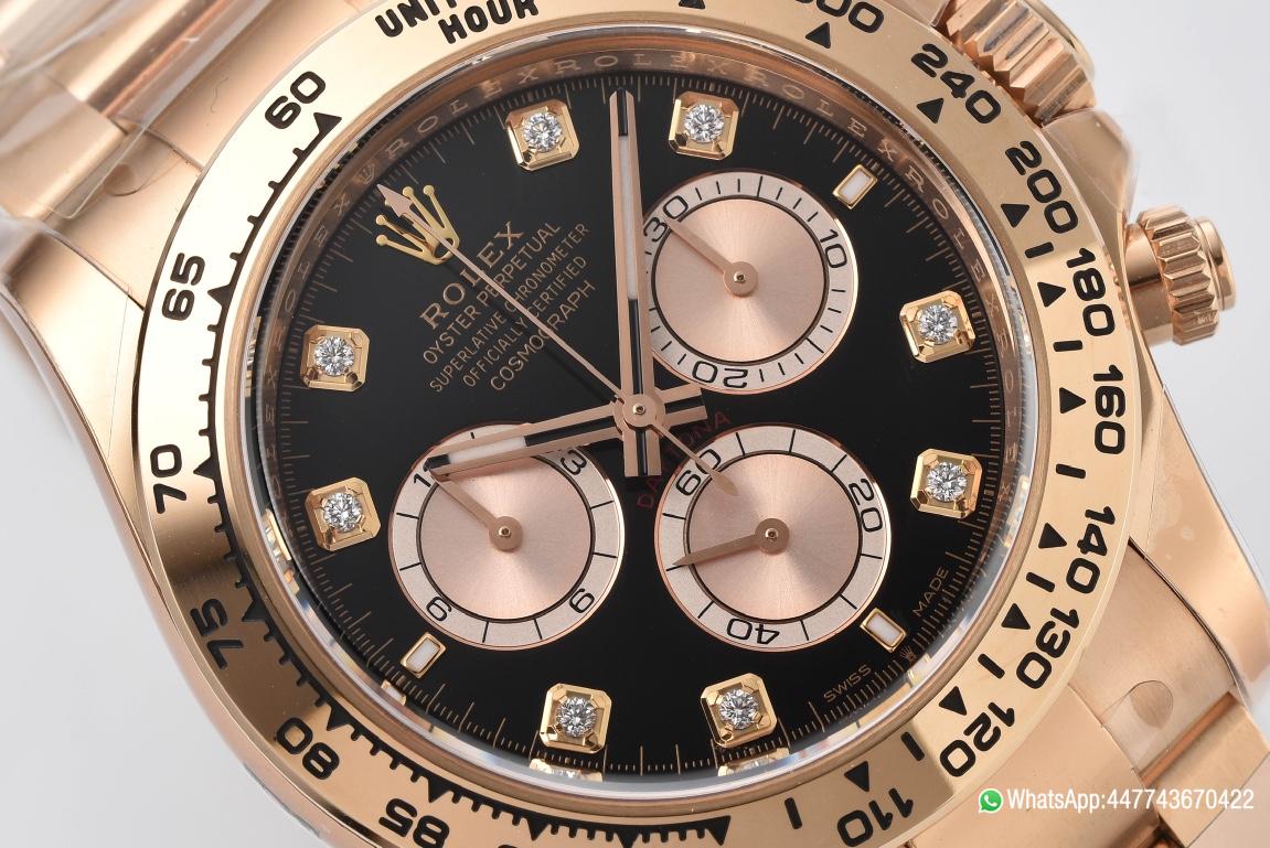 Super Clone Daytona 126505 Rose Gold Case Bracelet Bright Black and Sundust Set with Diamonds Dial SH4131 Movement 03 Super Clone Daytona 126505 Rose Gold Case Bracelet Bright Black and Sundust Set with Diamonds Dial SH4131 Movement 03