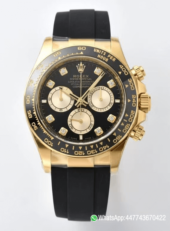 Super Clone Daytona 126518 Black Dial with Diamonds Markers Yellow Gold Case Black Ceramic Bezel SH4131 Movement Oysterflex Strap 00 Super Clone Daytona 126518 Black Dial with Diamonds Markers Yellow Gold Case Black Ceramic Bezel SH4131 Movement Oysterflex Strap 00