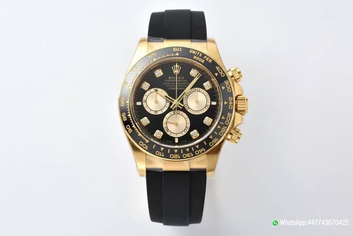 Super Clone Daytona 126518 Black Dial with Diamonds Markers Yellow Gold Case Black Ceramic Bezel SH4131 Movement Oysterflex Strap 01 Super Clone Daytona 126518 Black Dial with Diamonds Markers Yellow Gold Case Black Ceramic Bezel SH4131 Movement Oysterflex Strap 01