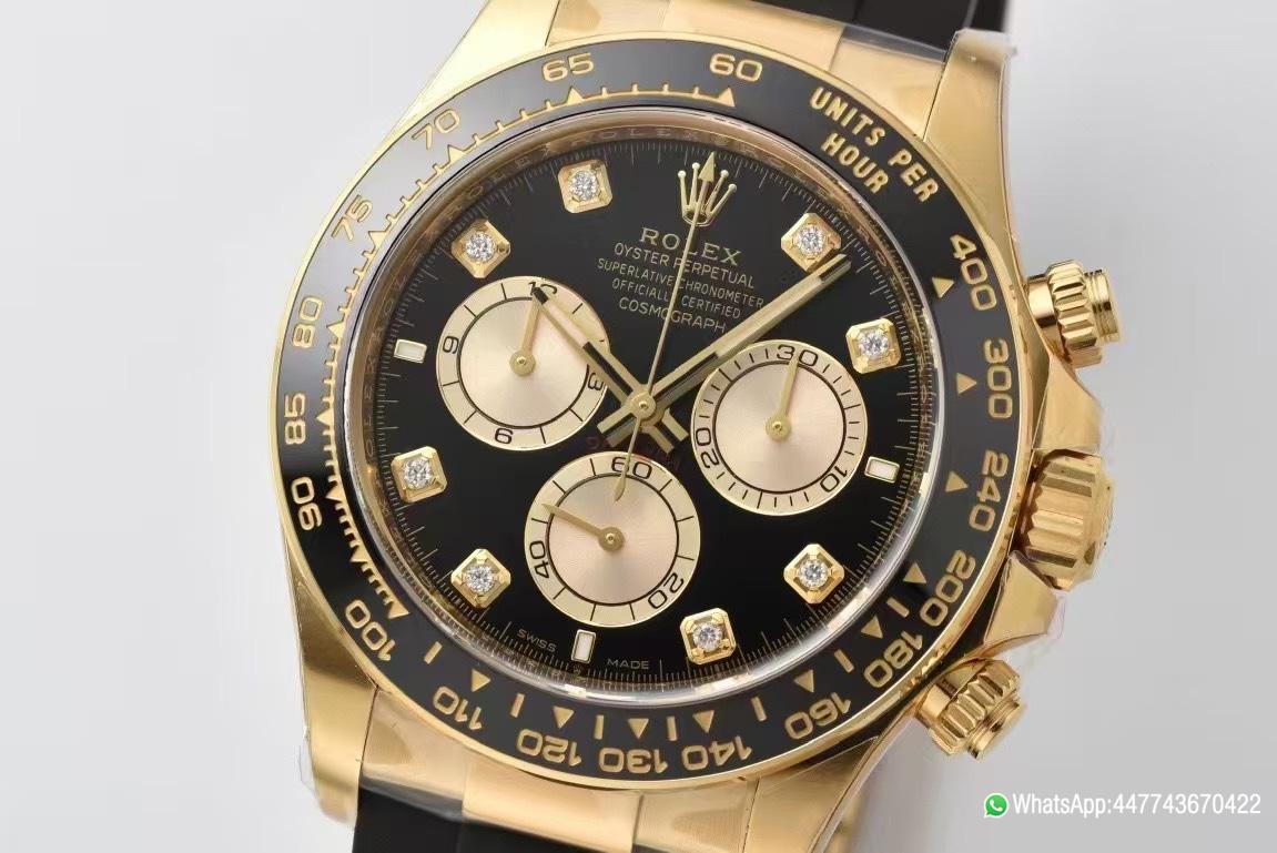 Super Clone Daytona 126518 Black Dial with Diamonds Markers Yellow Gold Case Black Ceramic Bezel SH4131 Movement Oysterflex Strap 02 Super Clone Daytona 126518 Black Dial with Diamonds Markers Yellow Gold Case Black Ceramic Bezel SH4131 Movement Oysterflex Strap 02