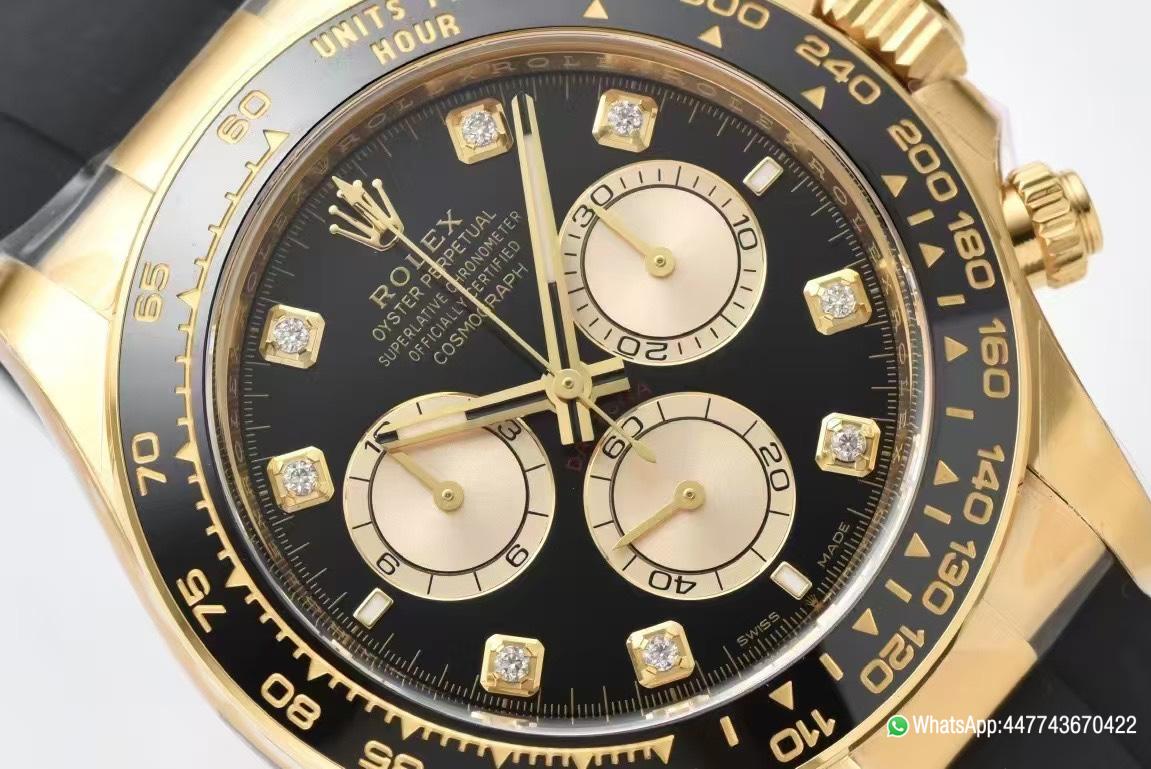 Super Clone Daytona 126518 Black Dial with Diamonds Markers Yellow Gold Case Black Ceramic Bezel SH4131 Movement Oysterflex Strap 03 Super Clone Daytona 126518 Black Dial with Diamonds Markers Yellow Gold Case Black Ceramic Bezel SH4131 Movement Oysterflex Strap 03