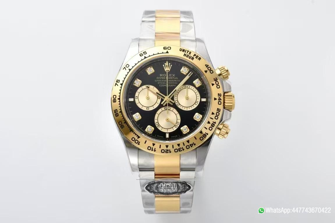 Super Clone Daytona 126503 Black Dial with Diamonds Markers Gold Bezel Two Tone Oyster and Gold Bracelet SH4131 Movement 01 Super Clone Daytona 126503 Black Dial with Diamonds Markers Gold Bezel Two Tone Oyster and Gold Bracelet SH4131 Movement 01