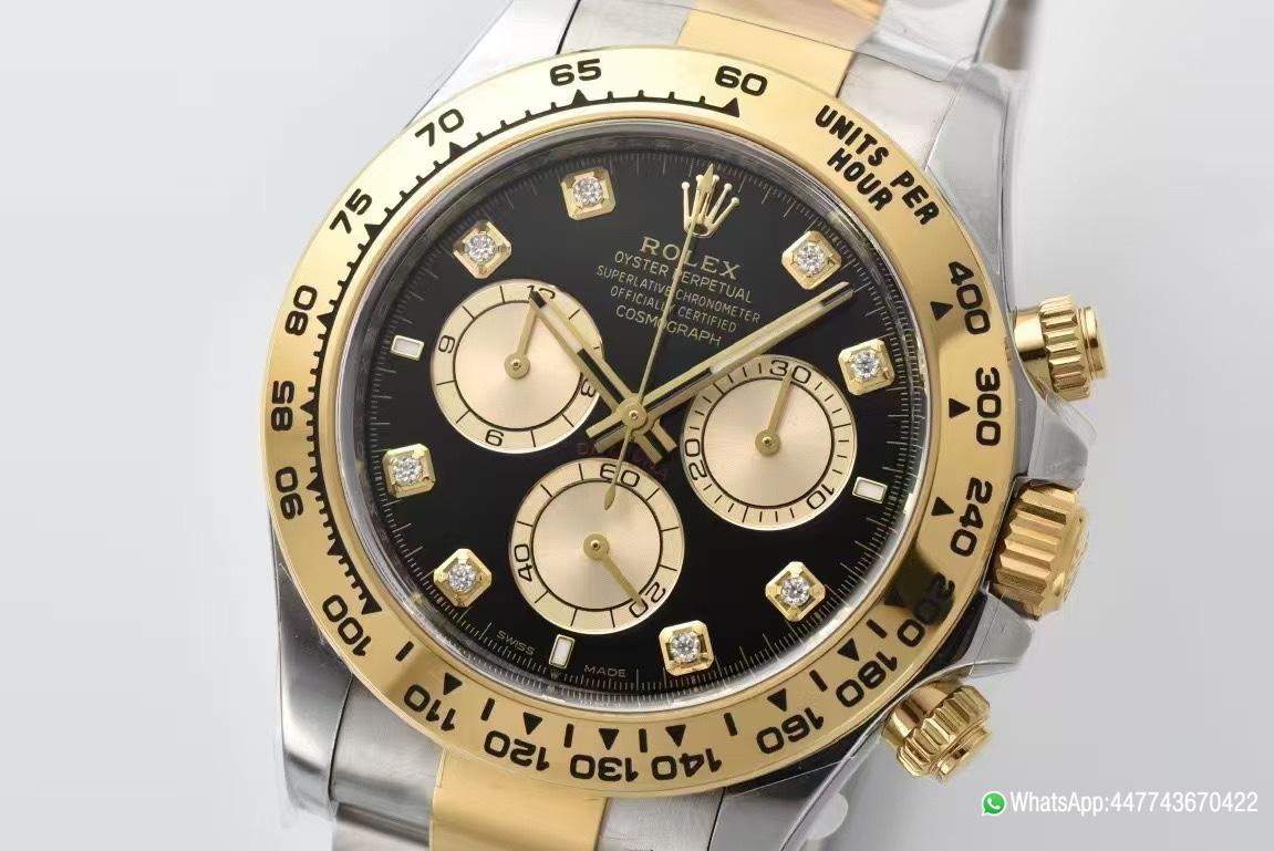 Super Clone Daytona 126503 Black Dial with Diamonds Markers Gold Bezel Two Tone Oyster and Gold Bracelet SH4131 Movement 02 Super Clone Daytona 126503 Black Dial with Diamonds Markers Gold Bezel Two Tone Oyster and Gold Bracelet SH4131 Movement 02