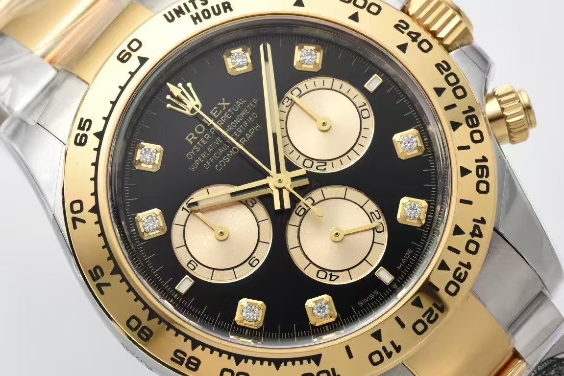 Victory Factory Daytona 126503 Black Dial with Diamonds Markers Gold Bezel Two Tone Oyster and Gold Bracelet SH4131 Movement 03 Clean Factory Daytona 126503 Black Dial with Diamonds Markers Gold Bezel Two Tone Oyster and Gold Bracelet SH4131 Movement 03