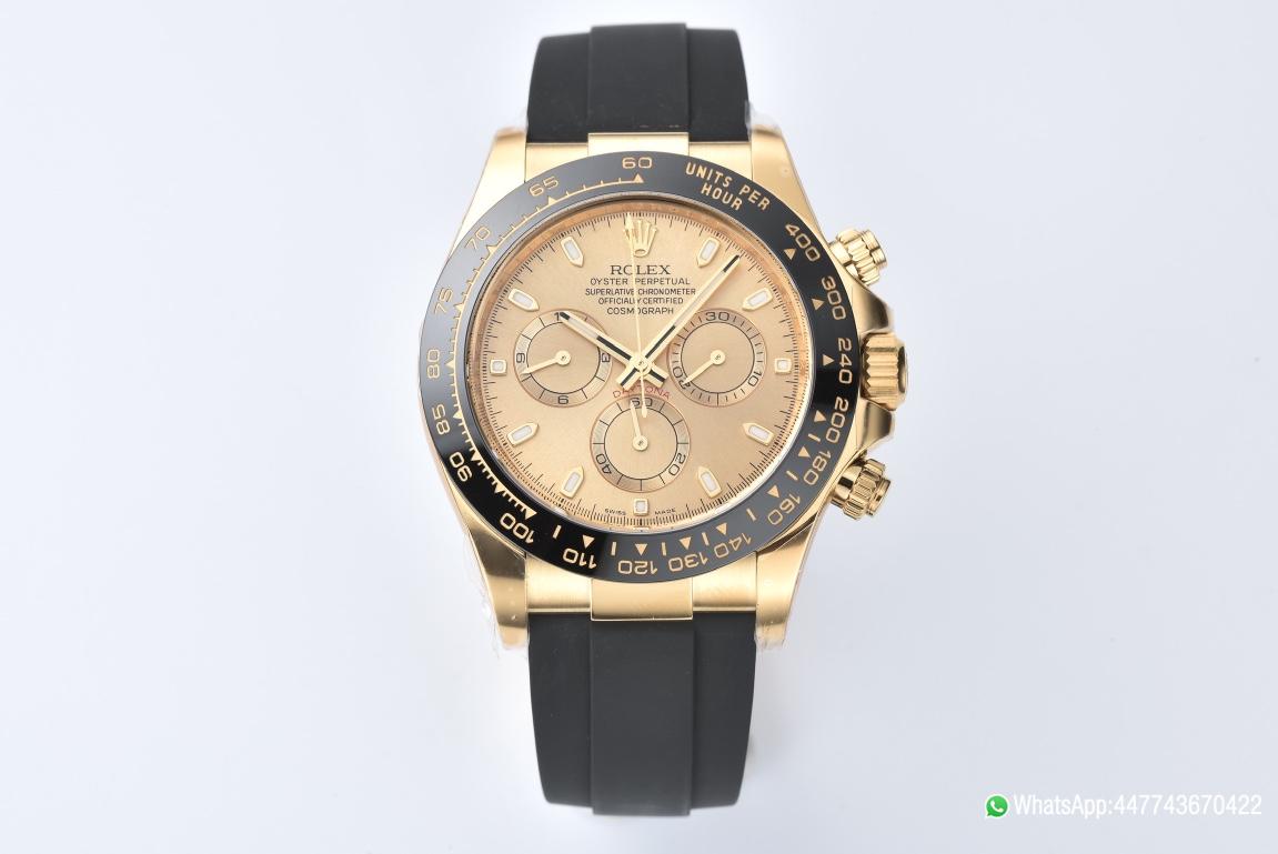 Super Clone Rolex Daytona 116518LN 0042 Yellow Gold Dial and Case Black Ceramic Bezel Cal4130 Black Oyster Rubber Oysterflex Strap 01 Super Clone Rolex Daytona 116518LN 0042 Yellow Gold Dial and Case Black Ceramic Bezel Cal4130 Black Oyster Rubber Oysterflex Strap 01