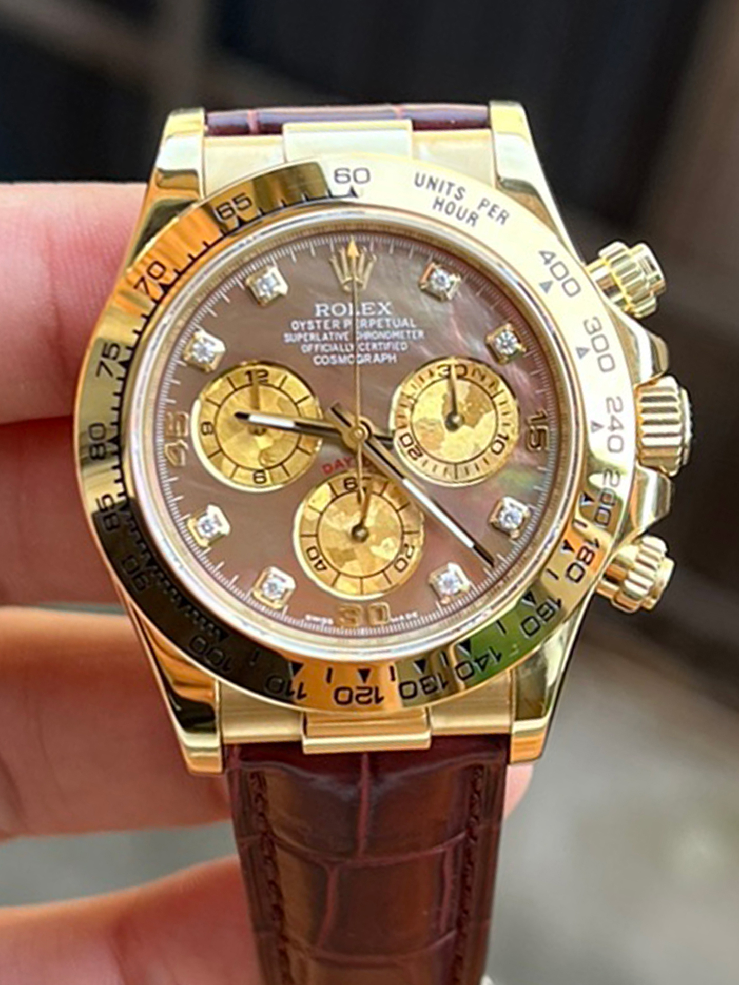 Victory Factory Daytona 116503 Black Mother of Pearl Dial Diamond Hour Markers Yellow Gold Bezel Alligator Strap DD4130 Caliber 00 Clean Factory Daytona 116503 Black Mother of Pearl Dial Diamond Hour Markers Yellow Gold Bezel Alligator Strap DD4130 Caliber 00