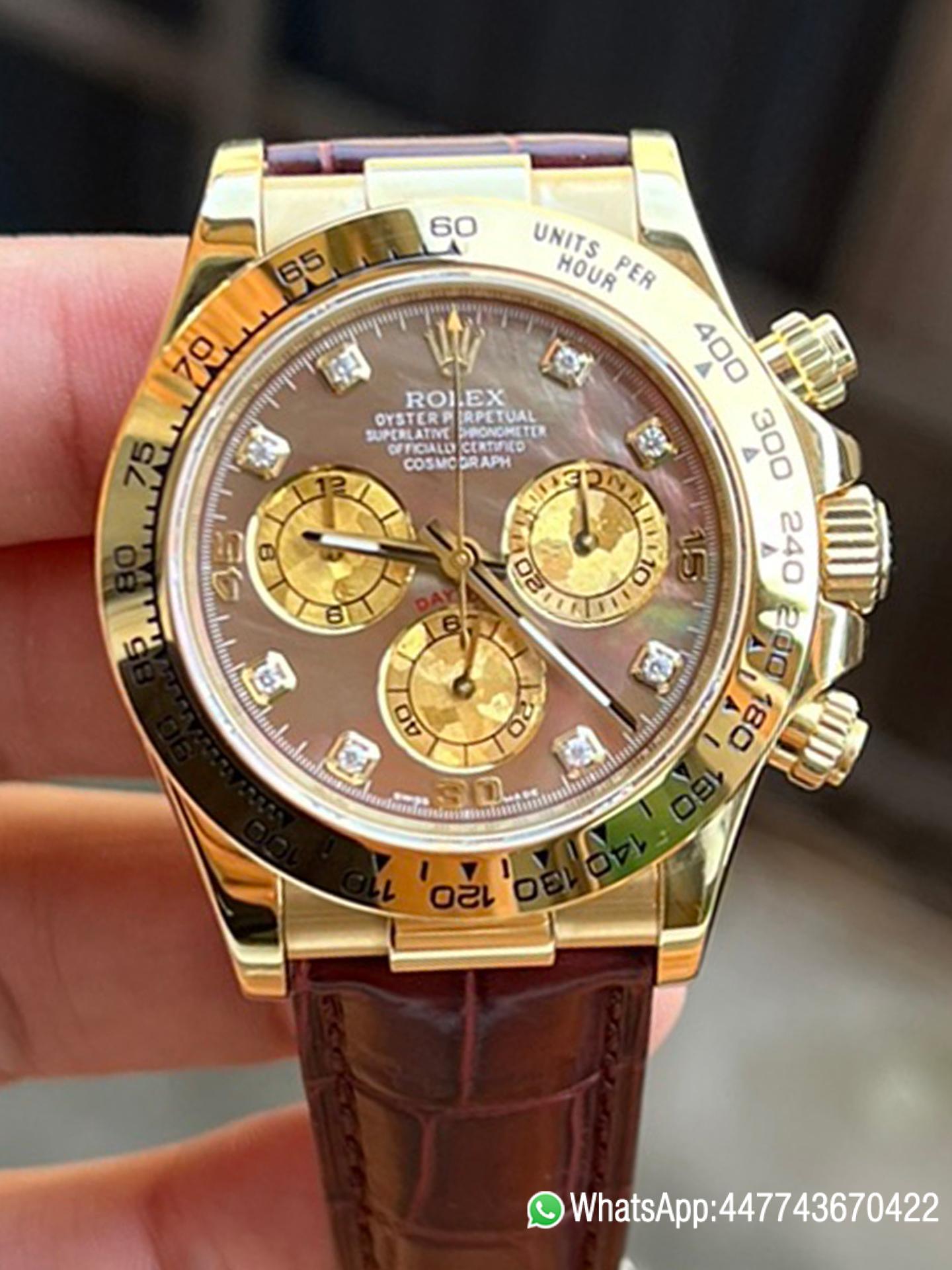 Super Clone Daytona 116503 Black Mother of Pearl Dial Diamond Hour Markers Yellow Gold Bezel Alligator Strap DD4130 Caliber 00 Super Clone Daytona 116503 Black Mother of Pearl Dial Diamond Hour Markers Yellow Gold Bezel Alligator Strap DD4130 Caliber 00