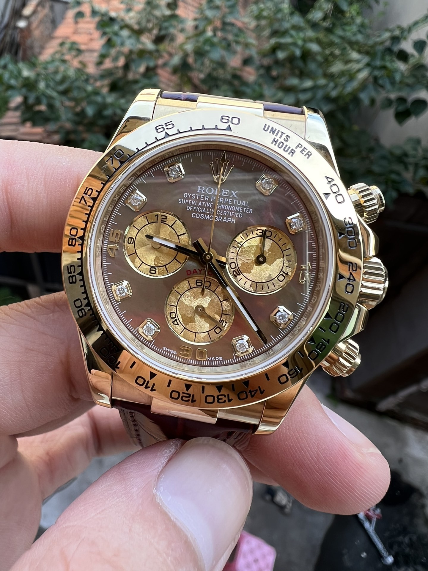 Victory Factory Daytona 116503 Black Mother of Pearl Dial Diamond Hour Markers Yellow Gold Bezel Alligator Strap DD4130 Caliber 01 Clean Factory Daytona 116503 Black Mother of Pearl Dial Diamond Hour Markers Yellow Gold Bezel Alligator Strap DD4130 Caliber 01