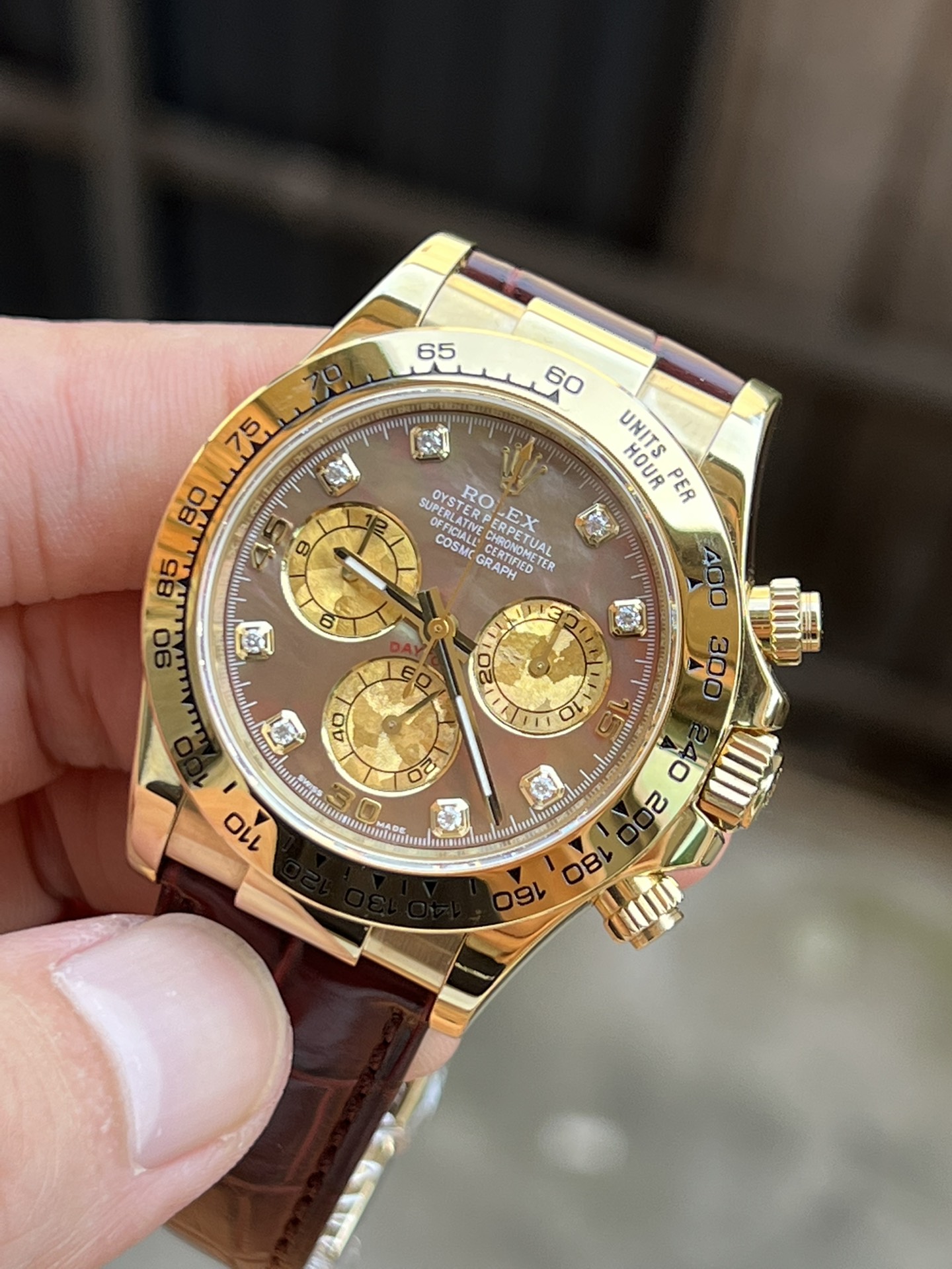 Victory Factory Daytona 116503 Black Mother of Pearl Dial Diamond Hour Markers Yellow Gold Bezel Alligator Strap DD4130 Caliber 02 Clean Factory Daytona 116503 Black Mother of Pearl Dial Diamond Hour Markers Yellow Gold Bezel Alligator Strap DD4130 Caliber 02