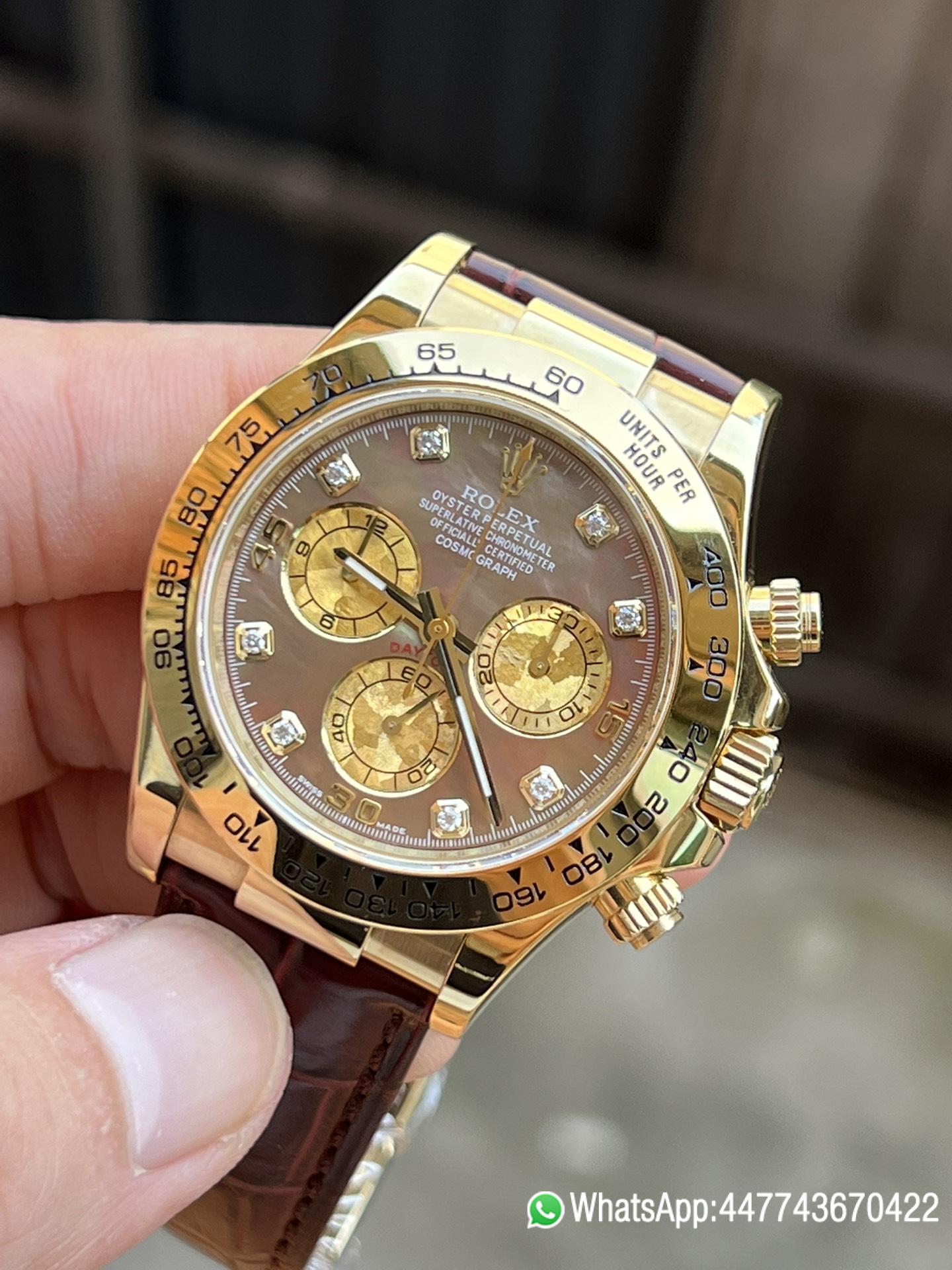 Super Clone Daytona 116503 Black Mother of Pearl Dial Diamond Hour Markers Yellow Gold Bezel Alligator Strap DD4130 Caliber 02 Super Clone Daytona 116503 Black Mother of Pearl Dial Diamond Hour Markers Yellow Gold Bezel Alligator Strap DD4130 Caliber 02