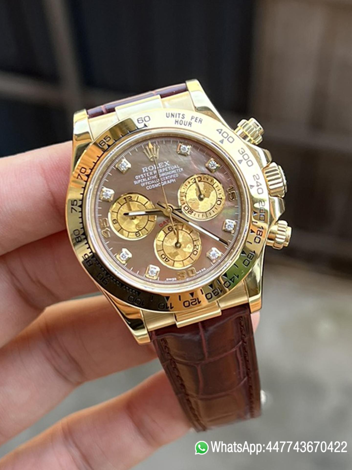 Super Clone Daytona 116503 Black Mother of Pearl Dial Diamond Hour Markers Yellow Gold Bezel Alligator Strap DD4130 Caliber 03 1 Super Clone Daytona 116503 Black Mother of Pearl Dial Diamond Hour Markers Yellow Gold Bezel Alligator Strap DD4130 Caliber 03 1