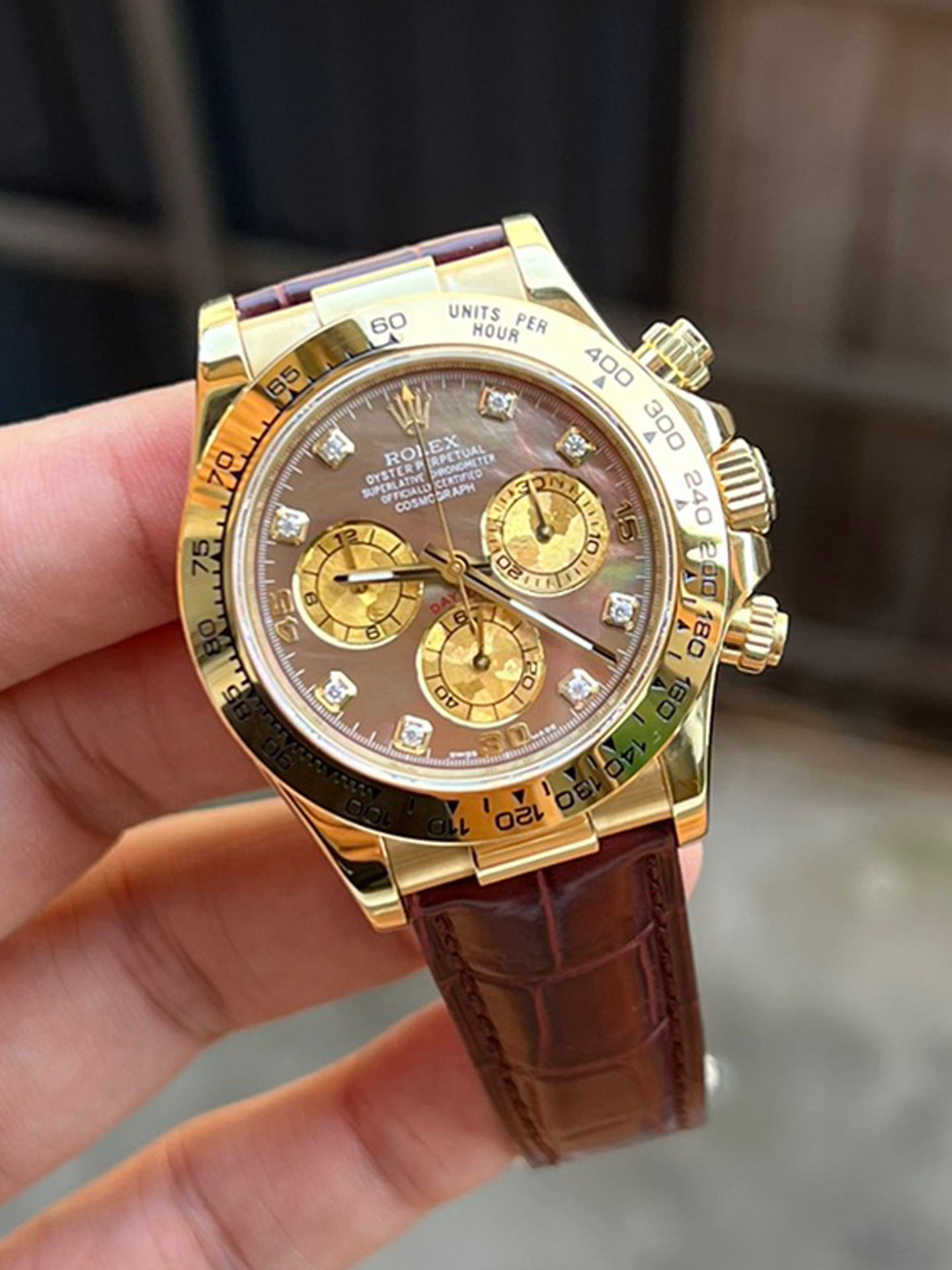 Victory Factory Daytona 116503 Black Mother of Pearl Dial Diamond Hour Markers Yellow Gold Bezel Alligator Strap DD4130 Caliber 03 Clean Factory Daytona 116503 Black Mother of Pearl Dial Diamond Hour Markers Yellow Gold Bezel Alligator Strap DD4130 Caliber 03