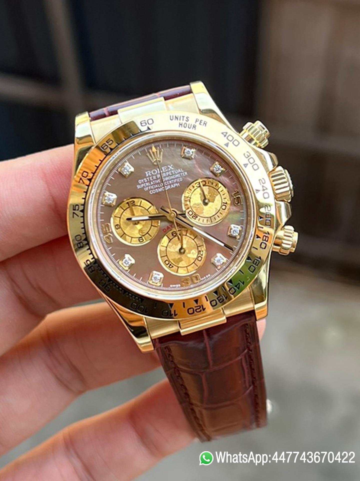 Super Clone Daytona 116503 Black Mother of Pearl Dial Diamond Hour Markers Yellow Gold Bezel Alligator Strap DD4130 Caliber 03 Super Clone Daytona 116503 Black Mother of Pearl Dial Diamond Hour Markers Yellow Gold Bezel Alligator Strap DD4130 Caliber 03