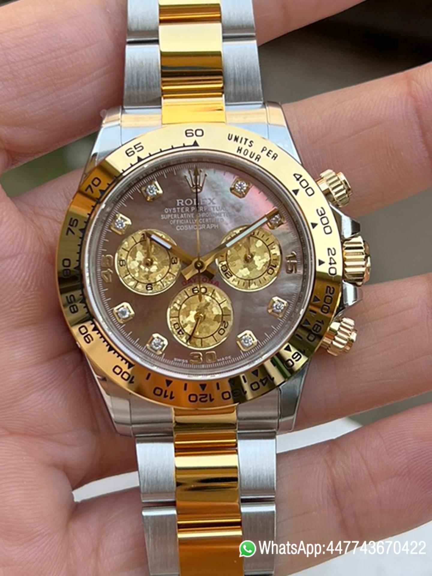 Super Clone Daytona 116503 Black Mother of Pearl Dial Diamond Hour Markers Yellow Gold Bezel Two Tone Bracelet DD4130 Movement 00 Super Clone Daytona 116503 Black Mother of Pearl Dial Diamond Hour Markers Yellow Gold Bezel Two Tone Bracelet DD4130 Movement 00
