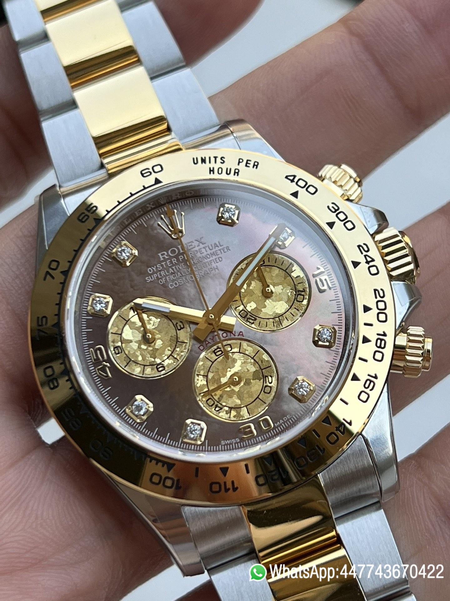 Super Clone Daytona 116503 Black Mother of Pearl Dial Diamond Hour Markers Yellow Gold Bezel Two Tone Bracelet DD4130 Movement 01 Super Clone Daytona 116503 Black Mother of Pearl Dial Diamond Hour Markers Yellow Gold Bezel Two Tone Bracelet DD4130 Movement 01