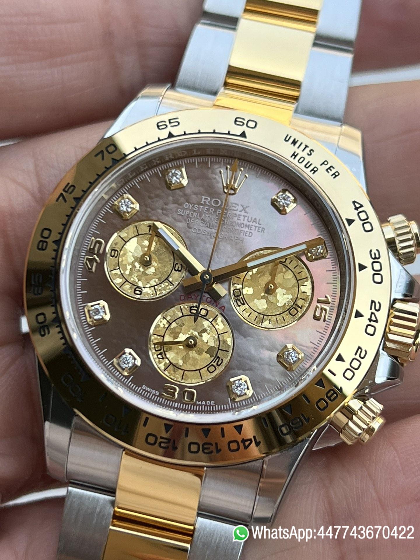 Super Clone Daytona 116503 Black Mother of Pearl Dial Diamond Hour Markers Yellow Gold Bezel Two Tone Bracelet DD4130 Movement 02 Super Clone Daytona 116503 Black Mother of Pearl Dial Diamond Hour Markers Yellow Gold Bezel Two Tone Bracelet DD4130 Movement 02