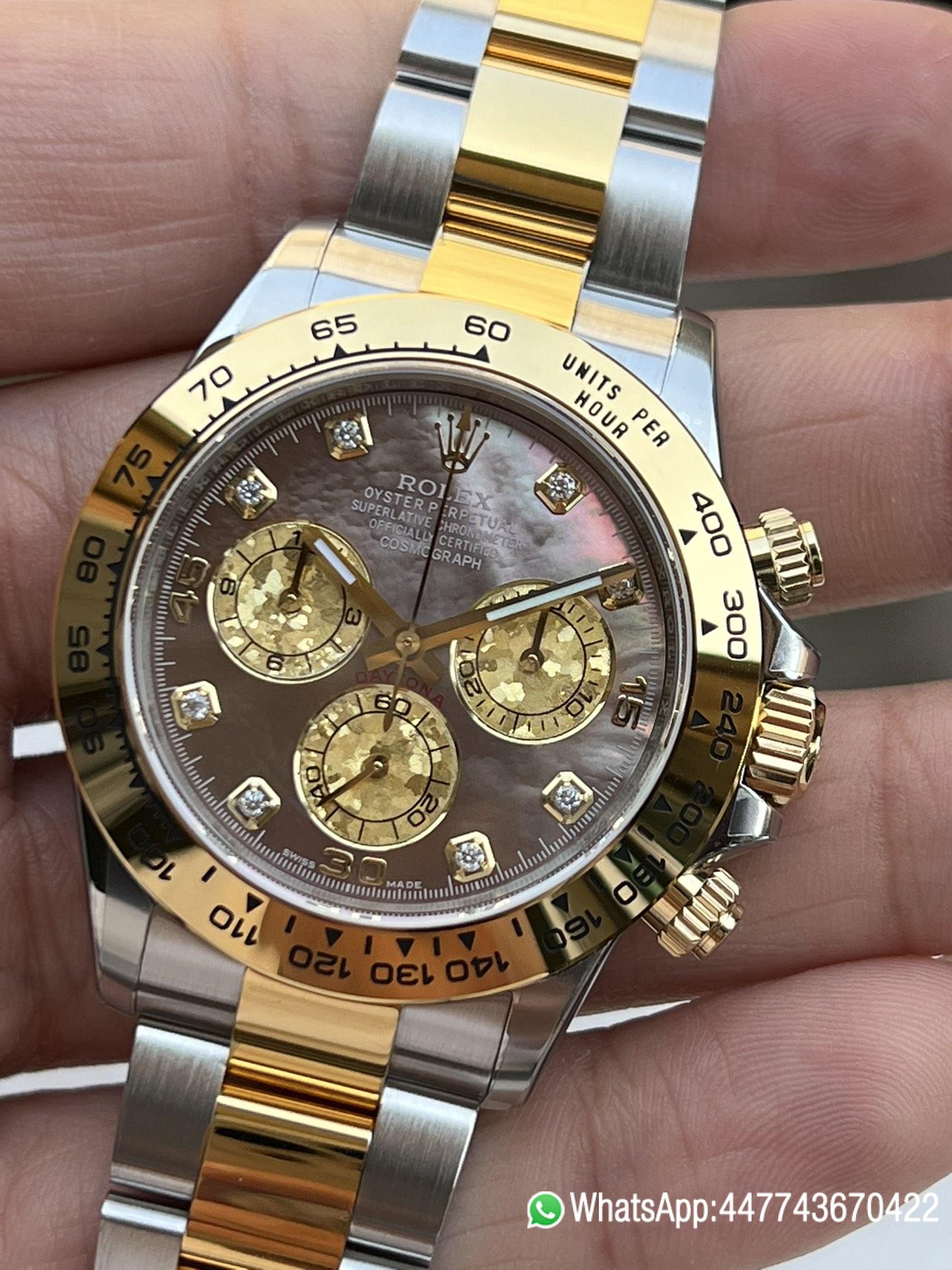 Super Clone Daytona 116503 Black Mother of Pearl Dial Diamond Hour Markers Yellow Gold Bezel Two Tone Bracelet DD4130 Movement 03 Super Clone Daytona 116503 Black Mother of Pearl Dial Diamond Hour Markers Yellow Gold Bezel Two Tone Bracelet DD4130 Movement 03