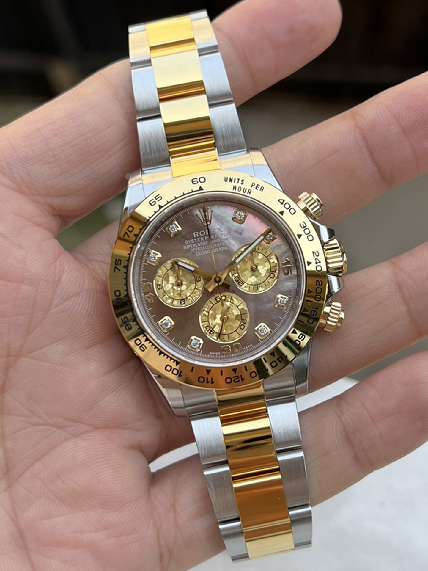Victory Factory Daytona 116503 Black Mother of Pearl Dial Diamond Hour Markers Yellow Gold Bezel Two Tone Bracelet DD4130 Movement 04 Clean Factory Daytona 116503 Black Mother of Pearl Dial Diamond Hour Markers Yellow Gold Bezel Two Tone Bracelet DD4130 Movement 04