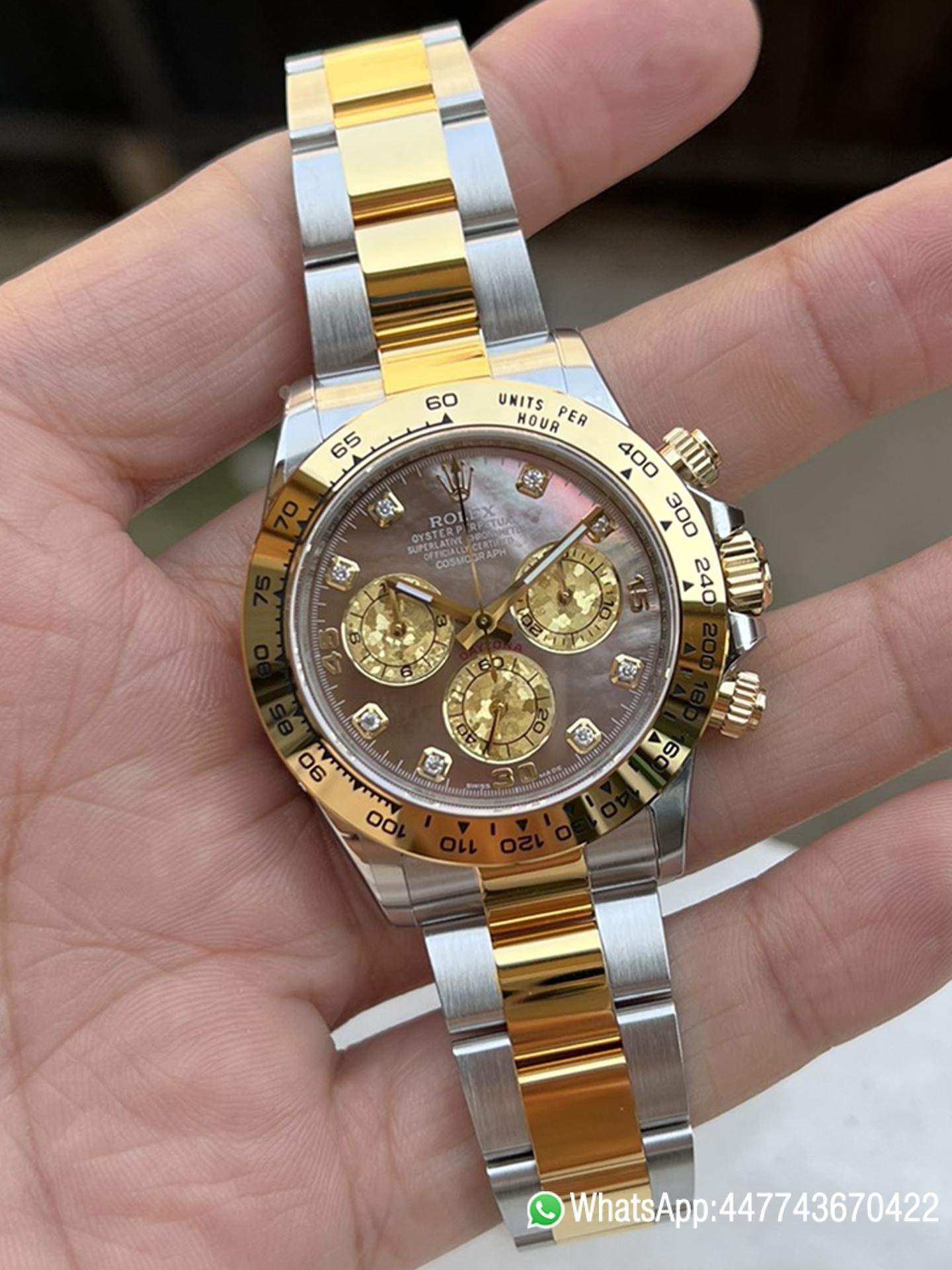 Super Clone Daytona 116503 Black Mother of Pearl Dial Diamond Hour Markers Yellow Gold Bezel Two Tone Bracelet DD4130 Movement 04 Super Clone Daytona 116503 Black Mother of Pearl Dial Diamond Hour Markers Yellow Gold Bezel Two Tone Bracelet DD4130 Movement 04
