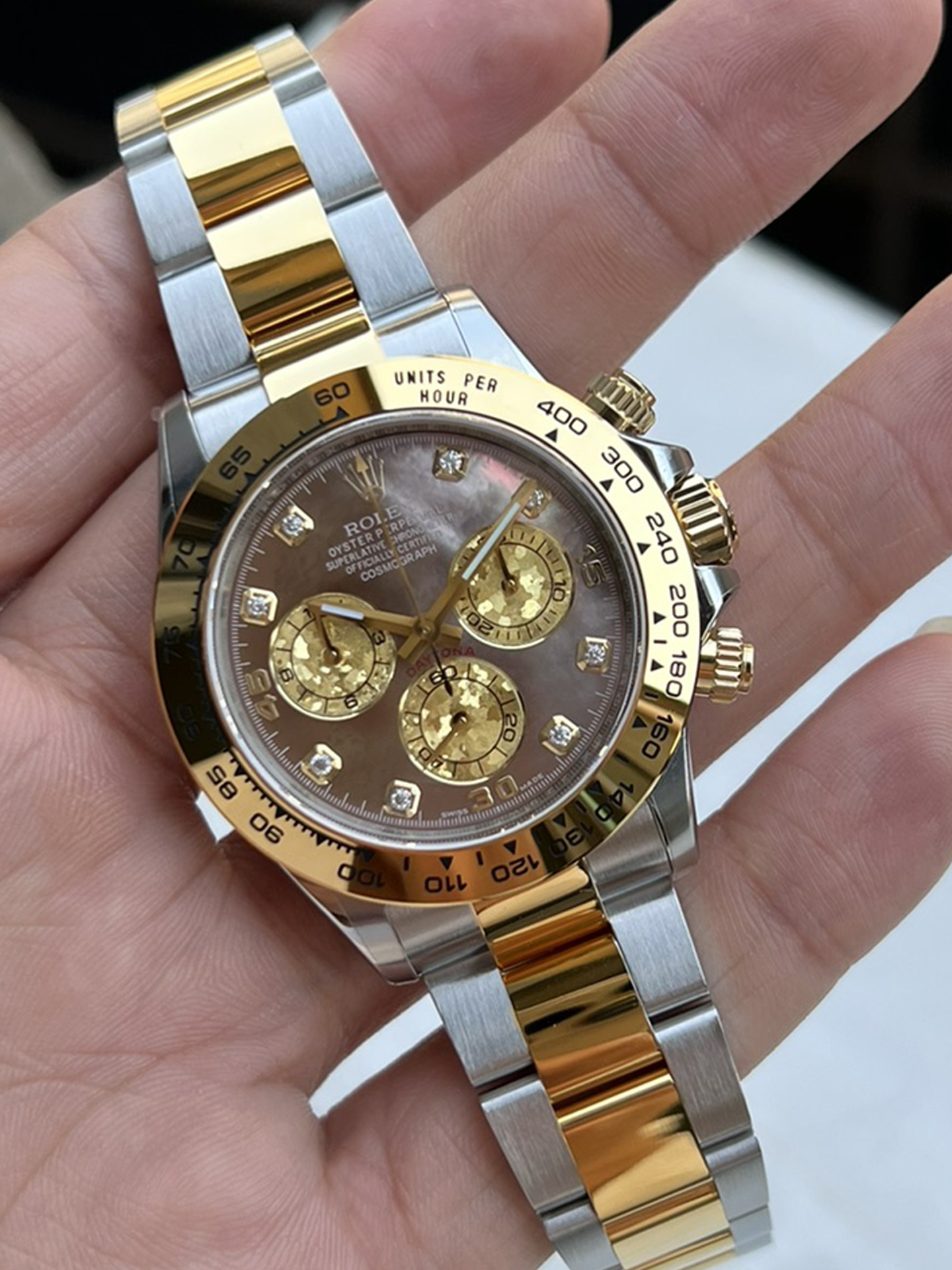 Victory Factory Daytona 116503 Black Mother of Pearl Dial Diamond Hour Markers Yellow Gold Bezel Two Tone Bracelet DD4130 Movement 05 Clean Factory Daytona 116503 Black Mother of Pearl Dial Diamond Hour Markers Yellow Gold Bezel Two Tone Bracelet DD4130 Movement 05