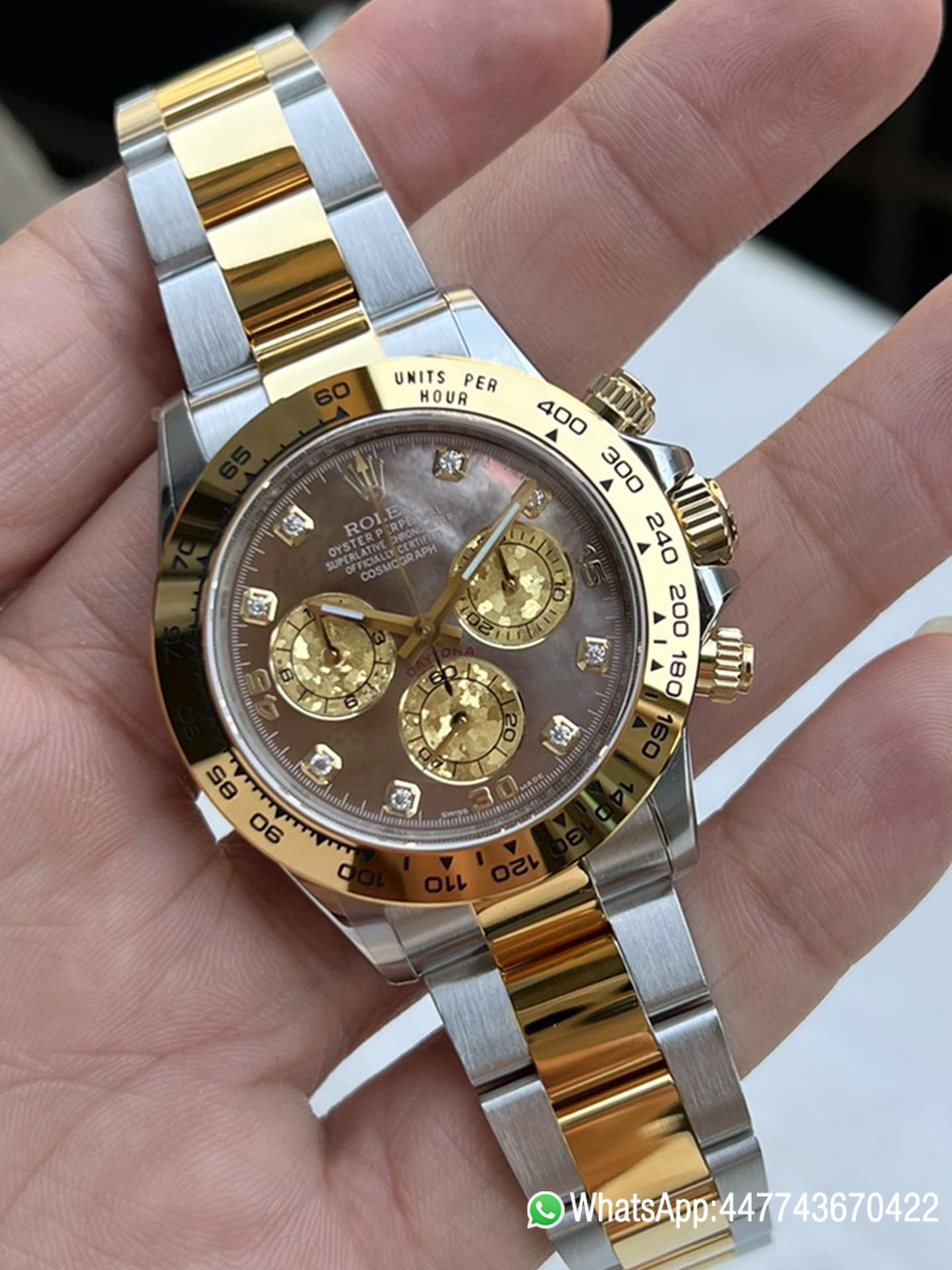 Super Clone Daytona 116503 Black Mother of Pearl Dial Diamond Hour Markers Yellow Gold Bezel Two Tone Bracelet DD4130 Movement 05 Super Clone Daytona 116503 Black Mother of Pearl Dial Diamond Hour Markers Yellow Gold Bezel Two Tone Bracelet DD4130 Movement 05