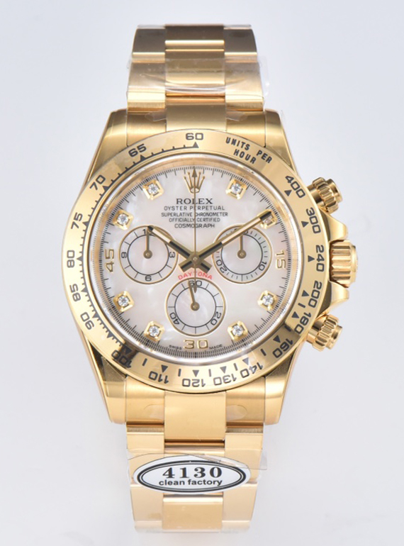 Victory Factory Daytona 116508 White Mother of Pearl Dial Yellow Gold Bezel Yellow Gold Bracelet DD4130 Movement 00 Clean Factory Daytona 116508 White Mother of Pearl Dial Yellow Gold Bezel Yellow Gold Bracelet DD4130 Movement 00