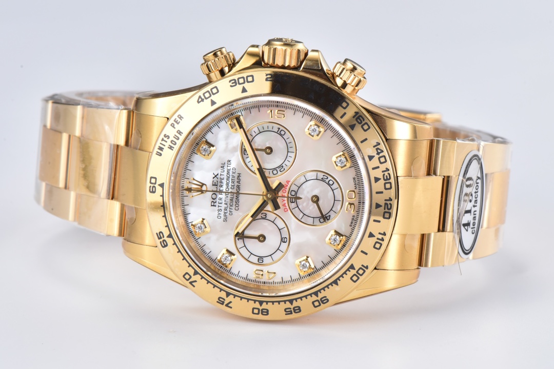 Victory Factory Daytona 116508 White Mother of Pearl Dial Yellow Gold Bezel Yellow Gold Bracelet DD4130 Movement 06 Clean Factory Daytona 116508 White Mother of Pearl Dial Yellow Gold Bezel Yellow Gold Bracelet DD4130 Movement 06