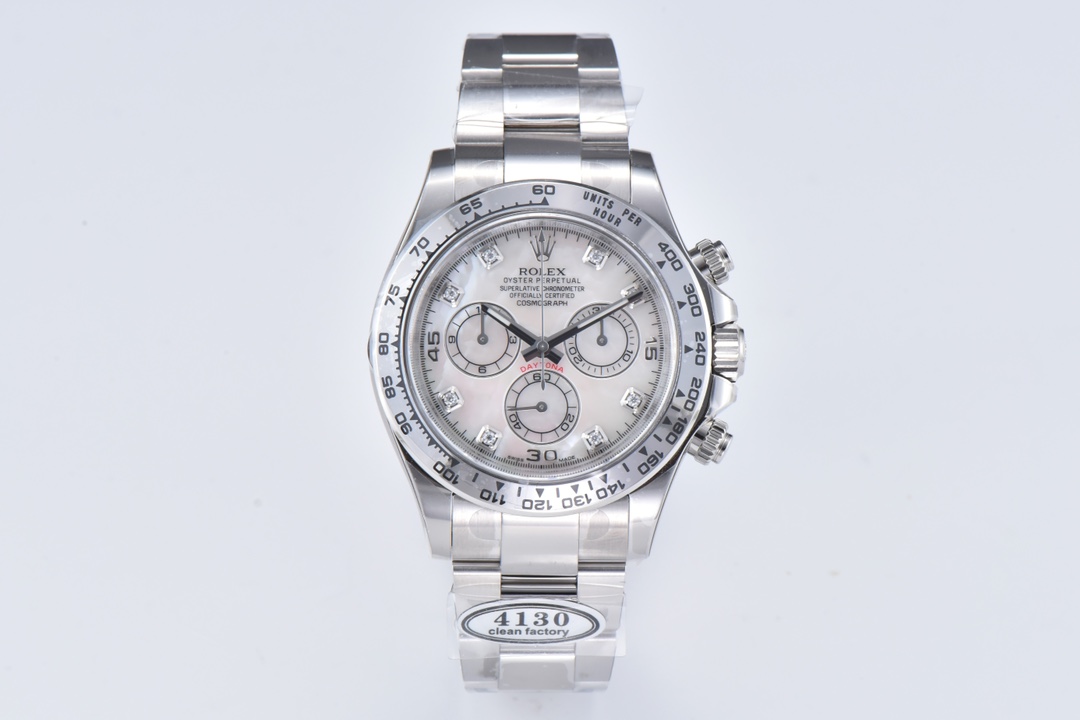 Victory Factory Daytona 116509 White Mother of Pearl Dial Diamond Hour Markers Oystersteel Case Bracelet DD4130 Movement 01 Clean Factory Daytona 116509 White Mother of Pearl Dial Diamond Hour Markers Oystersteel Case Bracelet DD4130 Movement 01