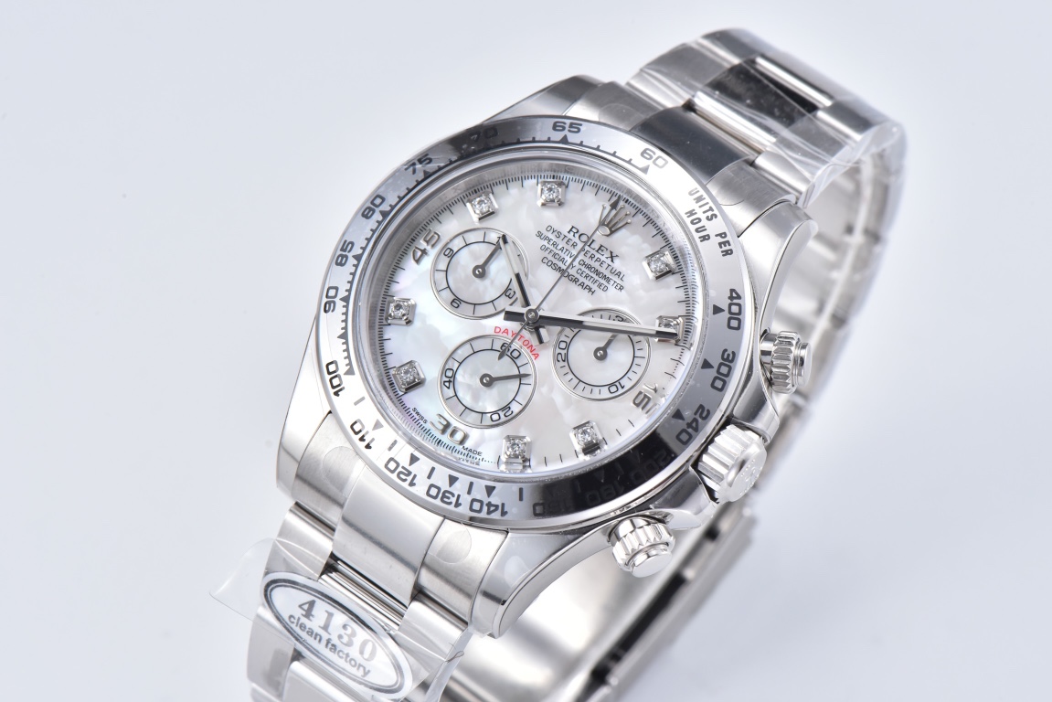 Victory Factory Daytona 116509 White Mother of Pearl Dial Diamond Hour Markers Oystersteel Case Bracelet DD4130 Movement 02 Clean Factory Daytona 116509 White Mother of Pearl Dial Diamond Hour Markers Oystersteel Case Bracelet DD4130 Movement 02