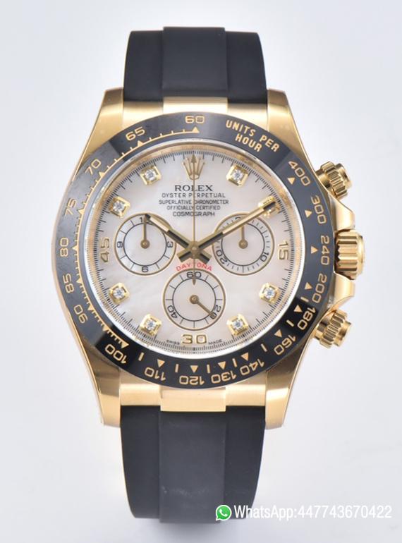 Super Clone Daytona 116518LN Mother of Pearl Dial with Diamond Hour Markers Yellow Gold Case Oysterflex DD4130 Caliber 00 Super Clone Daytona 116518LN Mother of Pearl Dial with Diamond Hour Markers Yellow Gold Case Oysterflex DD4130 Caliber 00