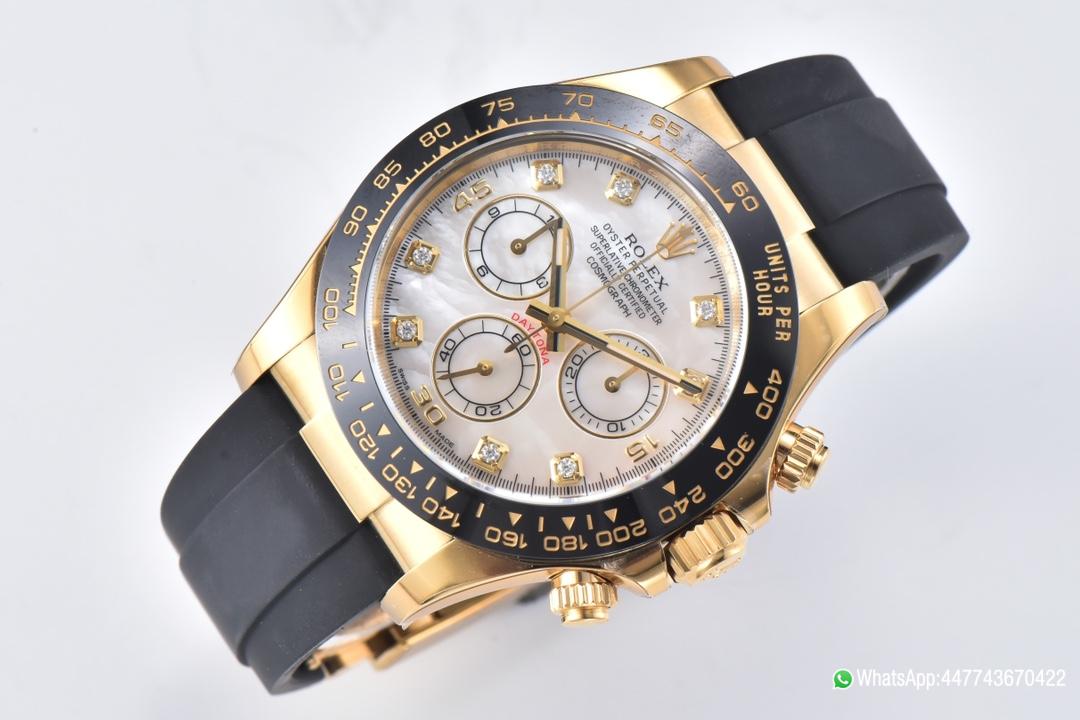 Super Clone Daytona 116518LN Mother of Pearl Dial with Diamond Hour Markers Yellow Gold Case Oysterflex DD4130 Caliber 06 Super Clone Daytona 116518LN Mother of Pearl Dial with Diamond Hour Markers Yellow Gold Case Oysterflex DD4130 Caliber 06