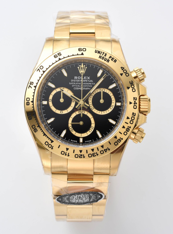 Victory Factory Daytona 126508 Black Dial with Gold Counter Ring Luminous Hour Markers 18K Yellow Gold Plated Band 4131 Movement 00 Clean Factory Daytona 126508 Black Dial with Gold Counter Ring Luminous Hour Markers 18K Yellow Gold Plated Band 4131 Movement 00