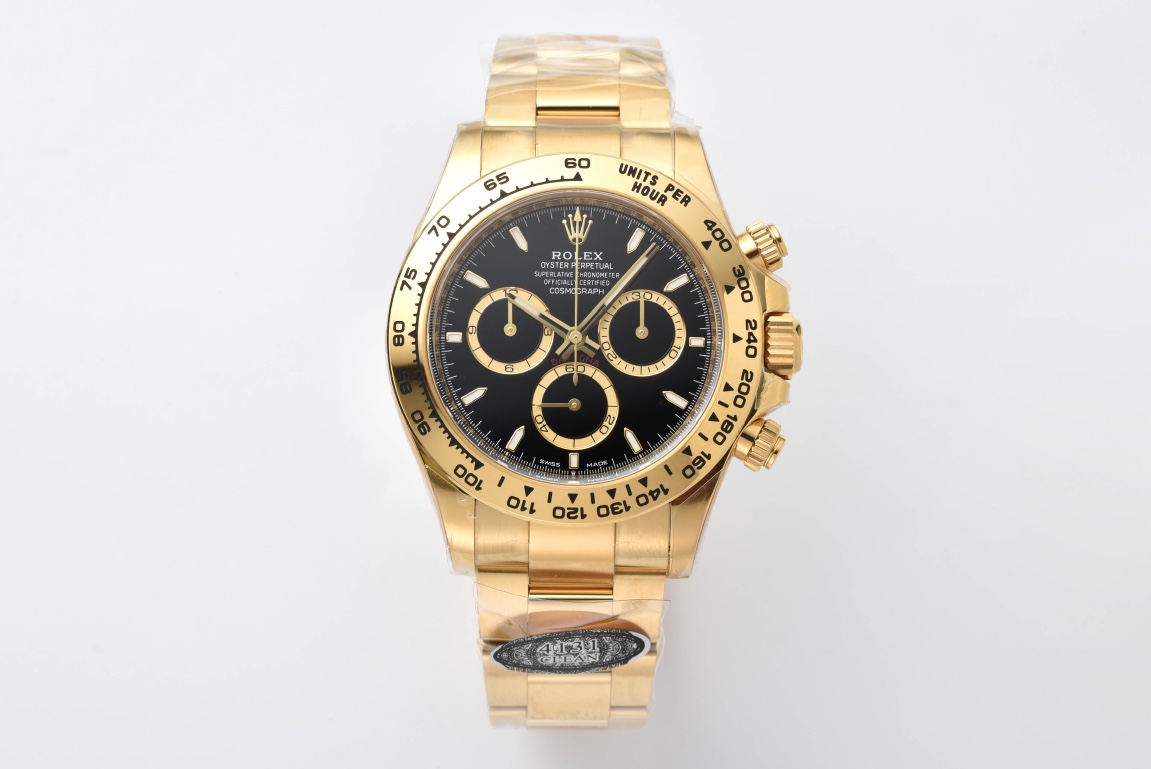 Victory Factory Daytona 126508 Black Dial with Gold Counter Ring Luminous Hour Markers 18K Yellow Gold Plated Band 4131 Movement 01 Clean Factory Daytona 126508 Black Dial with Gold Counter Ring Luminous Hour Markers 18K Yellow Gold Plated Band 4131 Movement 01