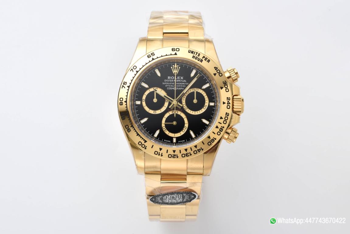 Super Clone Daytona 126508 Black Dial with Gold Counter Ring Luminous Hour Markers 18K Yellow Gold Plated Band 4131 Movement 01 Super Clone Daytona 126508 Black Dial with Gold Counter Ring Luminous Hour Markers 18K Yellow Gold Plated Band 4131 Movement 01