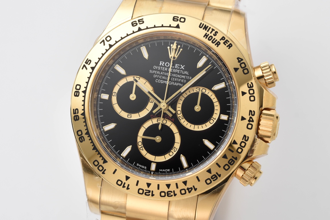 Victory Factory Daytona 126508 Black Dial with Gold Counter Ring Luminous Hour Markers 18K Yellow Gold Plated Band 4131 Movement 02 Clean Factory Daytona 126508 Black Dial with Gold Counter Ring Luminous Hour Markers 18K Yellow Gold Plated Band 4131 Movement 02