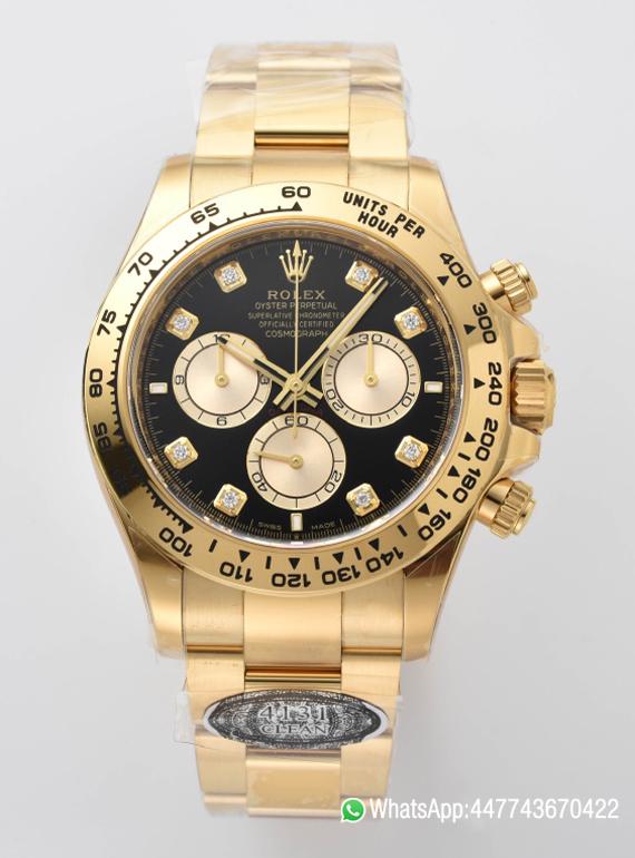 Super Clone Daytona 126508 Black Dial with Yellow Gold Counter Dial Diamonds Hour Markers 18K Yellow Gold Plated Band 4131 Movement 00 Super Clone Daytona 126508 Black Dial with Yellow Gold Counter Dial Diamonds Hour Markers 18K Yellow Gold Plated Band 4131 Movement 00