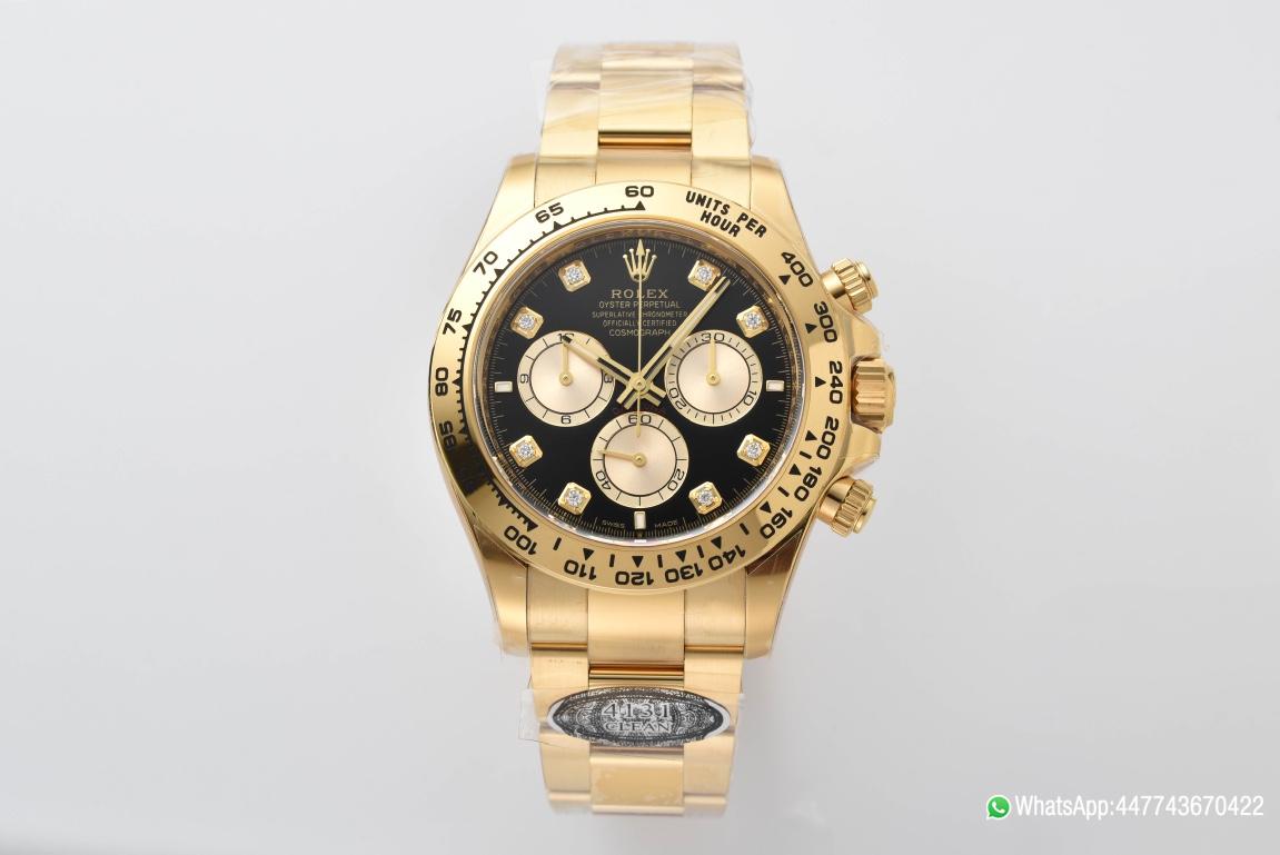 Super Clone Daytona 126508 Black Dial with Yellow Gold Counter Dial Diamonds Hour Markers 18K Yellow Gold Plated Band 4131 Movement 01 Super Clone Daytona 126508 Black Dial with Yellow Gold Counter Dial Diamonds Hour Markers 18K Yellow Gold Plated Band 4131 Movement 01