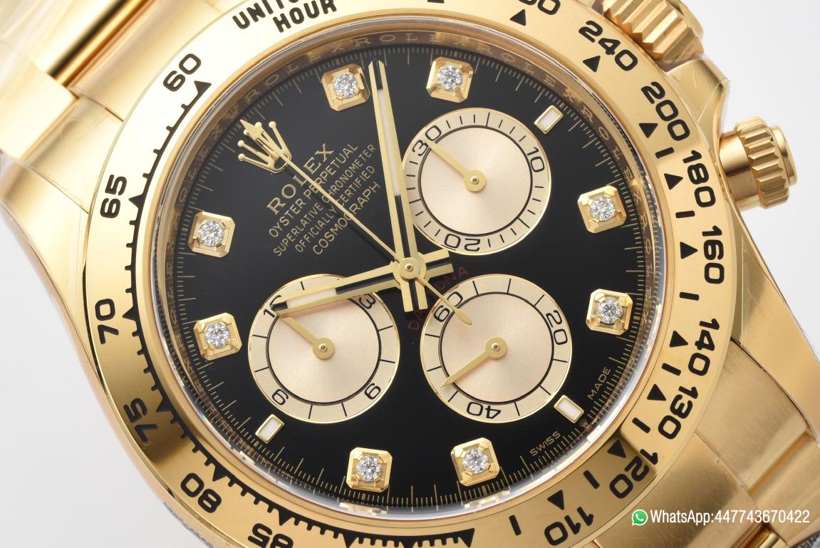 Super Clone Daytona 126508 Black Dial with Yellow Gold Counter Dial Diamonds Hour Markers 18K Yellow Gold Plated Band 4131 Movement 02 Super Clone Daytona 126508 Black Dial with Yellow Gold Counter Dial Diamonds Hour Markers 18K Yellow Gold Plated Band 4131 Movement 02